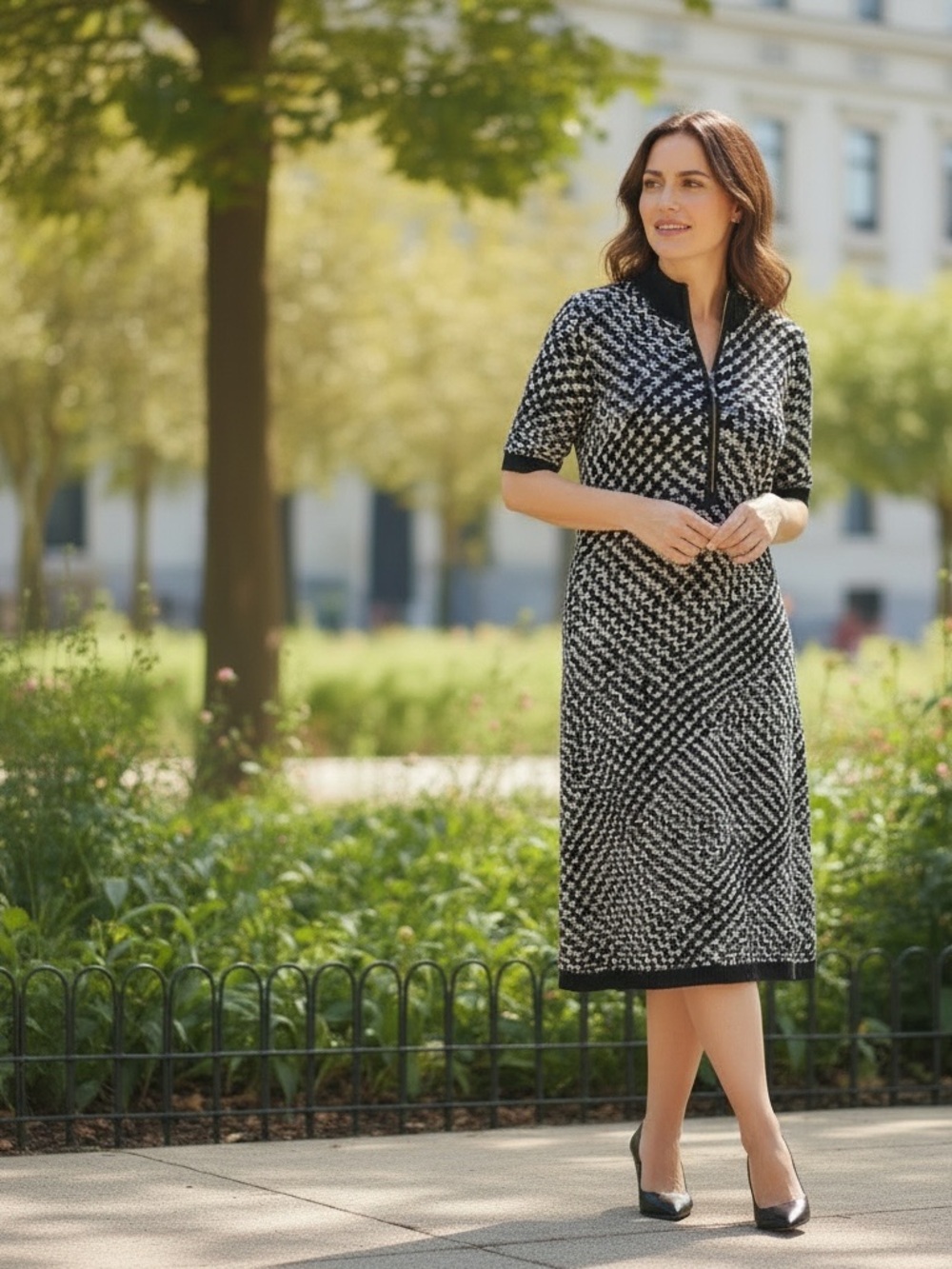 Calvin Klein Black & White Knit Zip-Front Midi Dress